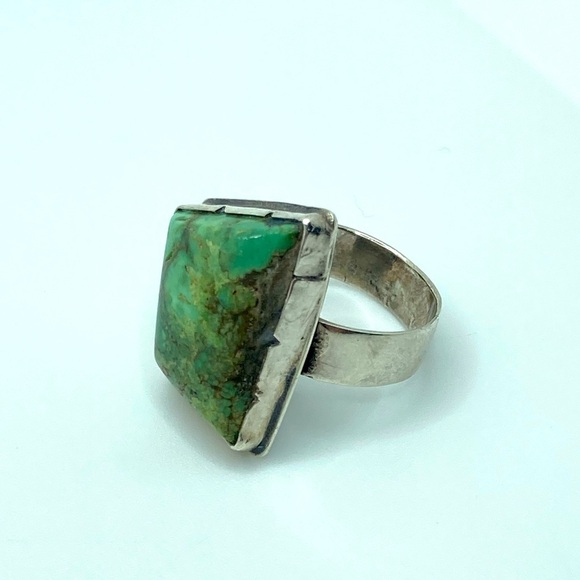 Vtg Navajo Sterling Green Turquoise Rustic Abstract Setting Ring Sz 8.25 - 8.5 - Picture 3 of 12